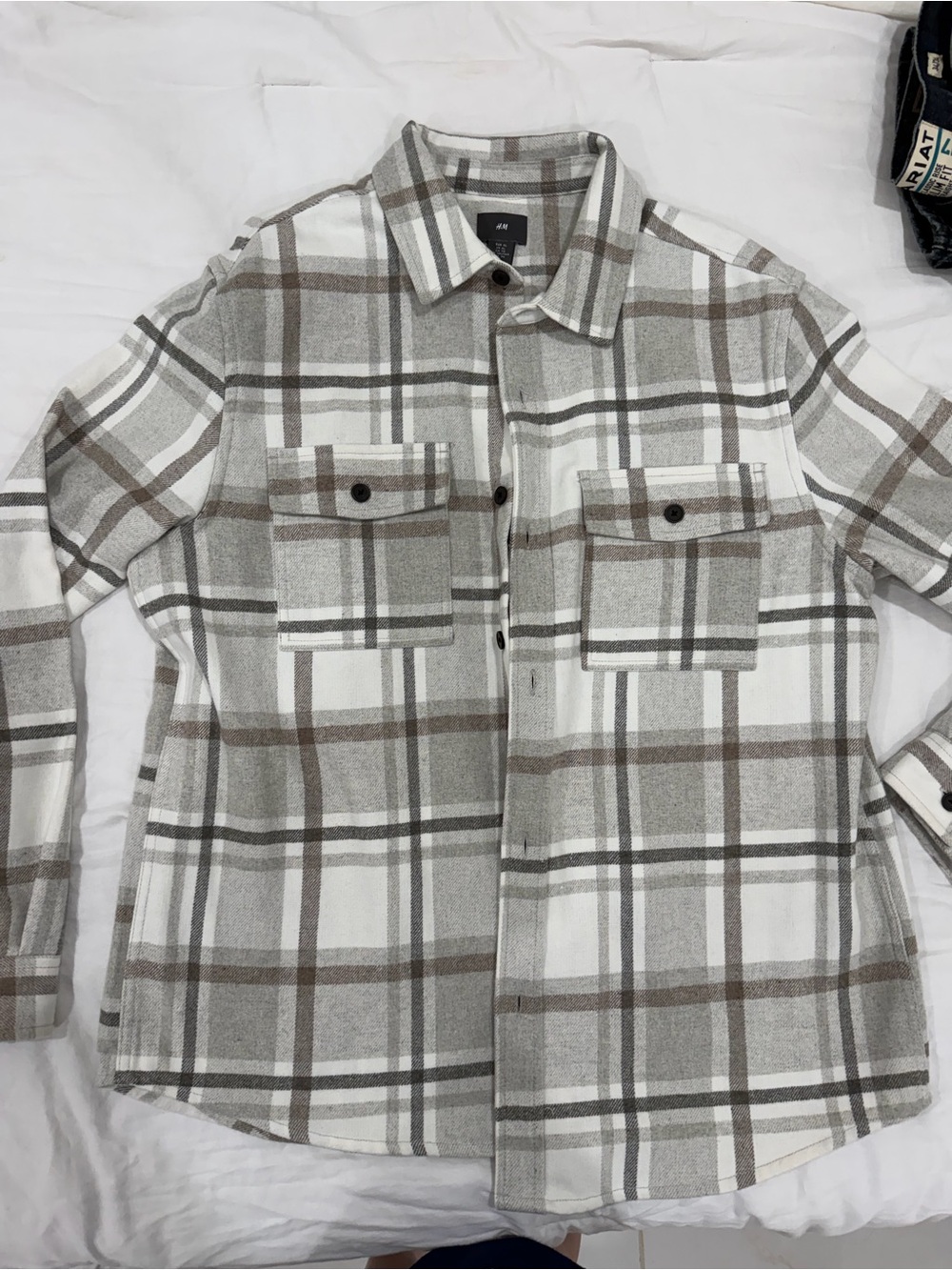 H&M Men's White, Gray & Brown Plaid Button-Down Shirt